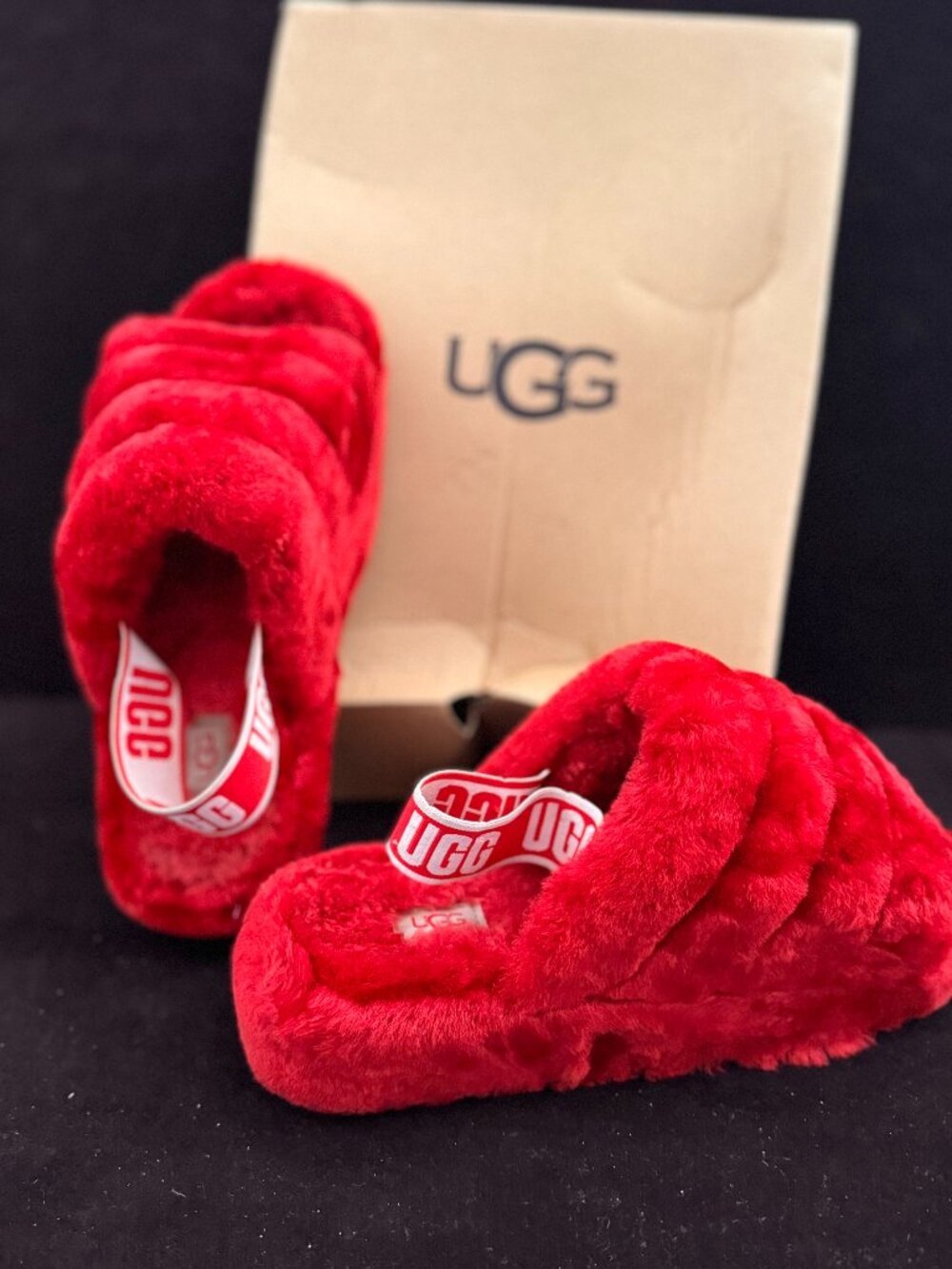 UGG Fluff Yeah Slide Ribbon Red Slippers In Box Size 9